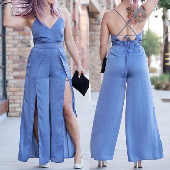 Large Blue Jumpsuit with leg slits - Picture 1 of 1